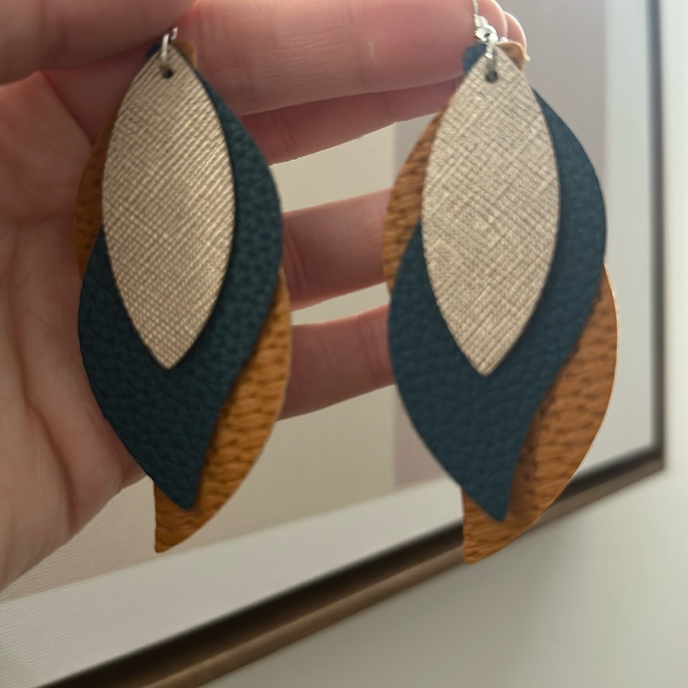 Unique leaf earrings, blue, orange, lightweight fabric, NWT